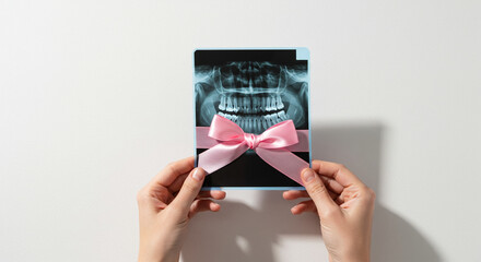 Hands holding dental X-ray tied with pink satin bow — International Women’s Day healthcare appreciation concept
