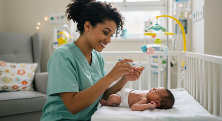 Nurse checking temperature of newborn in hospital nursery, infant healthcare and wellbeing