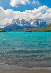 Torres and Cuernos del Paine mountain peaks and Pehoe Lake, Torres del Paine, Patagonia, Chile.