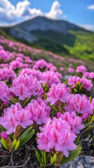 Obraz premium Blooming pink rhododendrons on mountain landscape background, suitable for articles about nature, tourism and spring landscapes.