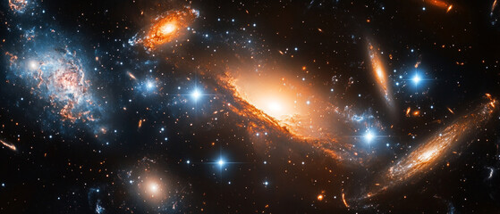 A cosmic landscape with bright galaxies and stars, perfect for illustrations about astronomy, space and scientific discoveries.