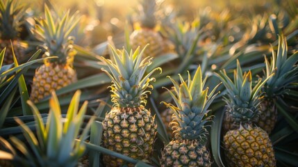 Obraz premium Pineapple plantation under bright sunshine, suitable for articles about agriculture and exotic fruits.