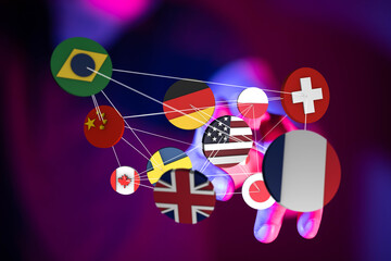 Visual representation of global connections and international cooperation. Conceptual image of flags representing countries connected through a