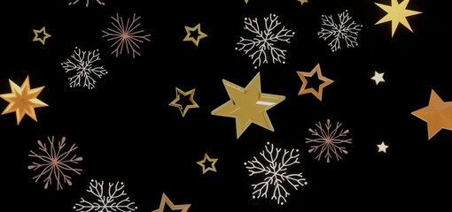 Festive holiday background with gold stars and snowflakes on black. Perfect for Christmas, New Year, winter holidays.