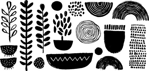 Abstract decorative elements with lines, circles, arcs, and leaves for modern designs