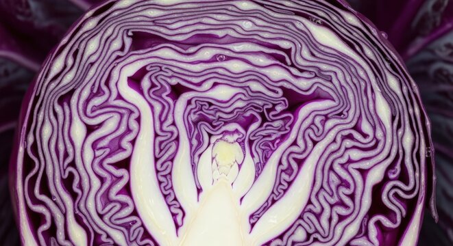 Close up view of fresh red cabbage cut in half showing its beautiful layered patterns and vibrant colors indoors