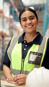 Logistics, face and happy woman with laptop in warehouse, digital schedule and package delivery. Online agenda, cargo shipping or worker smile for safety compliance, storage distribution or inventory