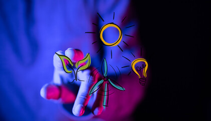 Futuristic digital interface showing hand interaction with renewable energy concepts: solar, wind,...