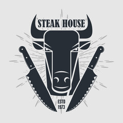 Steakhouse logo design with bull head. Vector illustration