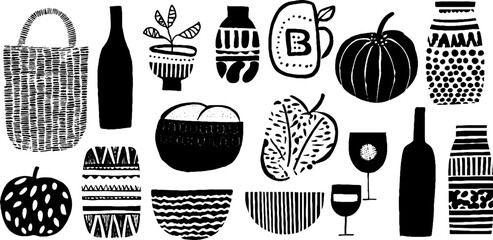 Autumn market collection with basket, pumpkin, apple, wine, cheese, and bread for rustic design elements