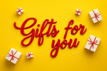 Festive Gifts Yellow Background. Festive image with wrapped gifts and 'Gifts for you' text. Ideal for holiday or birthday design.