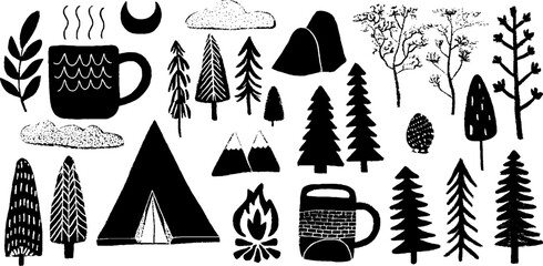 Rustic camping elements with tent, campfire, and nature scenes for outdoor enthusiasts
