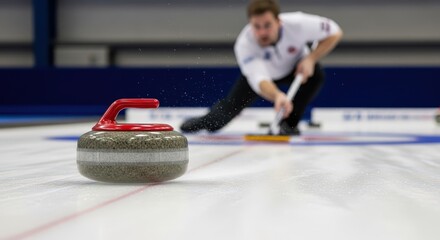 A curling stone sliding on ice with a male curler sweeping in the background on a curling rink indoors
