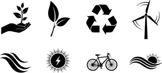 Eco-Conscious Sustainability Black Silhouette Vector Set: Plant, Recycling, Green Energy Icons for Environmental and Ethical Design	