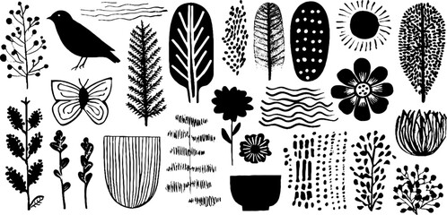 Scandinavian woodland flora and fauna silhouette set for design and decoration