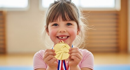 Smiling little girl with missing front teeth holding gold medal indoors at a sports facility
