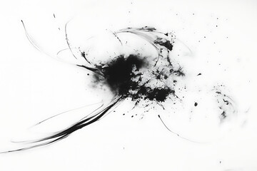 Abstract Black Ink Explosion with Dynamic Brushstrokes and Speckles &ndash; Monochrome Art on White Background.