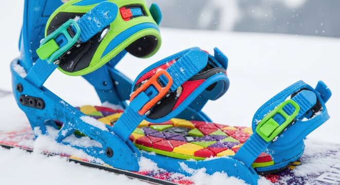 Colorful snowboard bindings attached to a board covered in fresh snow on a winter day outdoors