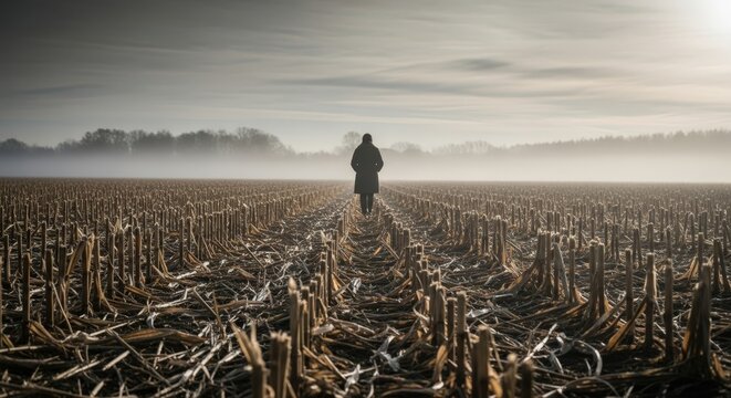 Person walks away across a vast harvested field on a misty, hazy morning with distant trees under a soft sky