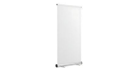 Empty white roll up banner stand with retractable display screen