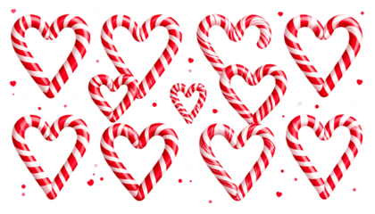 Red and white striped candy cane heart shapes set including various arrangements and sprinkles isolated. Holiday, Christmas, and Valentine's Day themes isolated on solid background Png format.