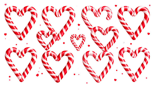 Red and white striped candy cane heart shapes set including various arrangements and sprinkles isolated. Holiday, Christmas, and Valentine's Day themes isolated on solid background Png format. - Powered by Adobe