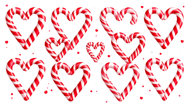 Red and white striped candy cane heart shapes set including various arrangements and sprinkles isolated. Holiday, Christmas, and Valentine's Day themes isolated on solid background Png format.