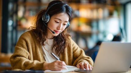 A woman with headphones is focused on her writing while using her laptop. The woman is in a cozy room, surrounded by her laptop and writing materials.