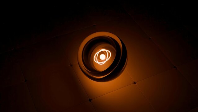 Luminous atomic energy sphere spinning on a grid floor
