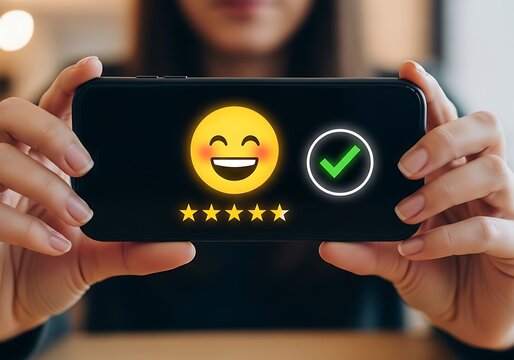 Woman holding smartphone showing happy emoji and rating