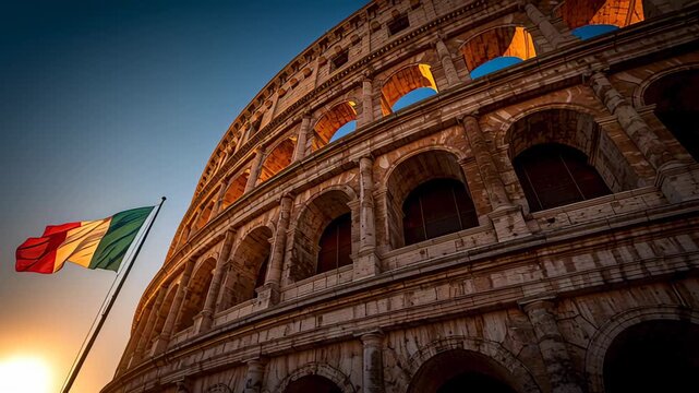 roman coliseum with waving italian flag