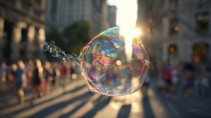 A bubble floats through the city as the bubble captures sunlight, reflecting vibrant hues. The bubble joins the bustling street, adding a whimsical touch to the city scene.