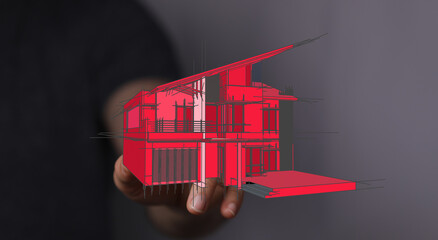 Digitally rendered house model held in hand, representing architectural concept, home design, dream...