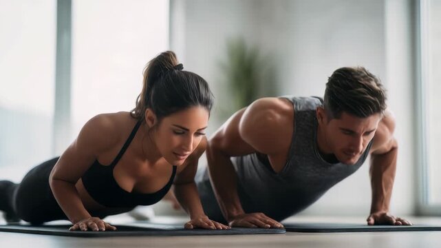 Young athletic man and woman performing push ups together on yoga mats in a modern gym. Focused on fitness, they demonstrate strength, motivation, and a healthy lifestyle