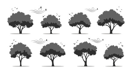 A collection of eight distinct silhouette illustrations of leafy trees with birds flying above them.