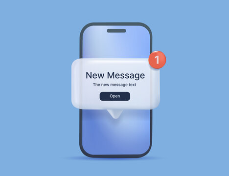 New message notification on modern smartphone. 3D render vector illustration. New email pop up. Incoming, open messaging. Chatting, mail, post, letter symbol, sign, emblem with new notification