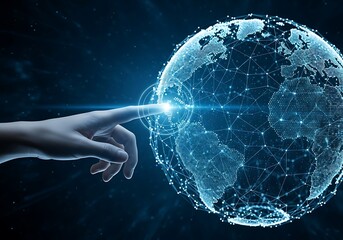 Hand touching a glowing digital globe in dark space