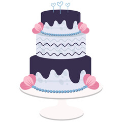 Three Tier Wedding Cake With Dark Blue Icing Pink Flowers and Blue Beads on White Cake Stand Isolated on White Background Elegant Celebration Dessert Treat