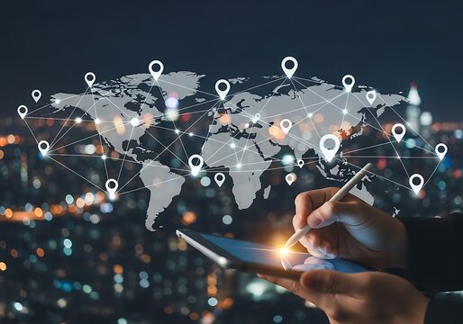 Global network connection on tablet with city background - Powered by Adobe