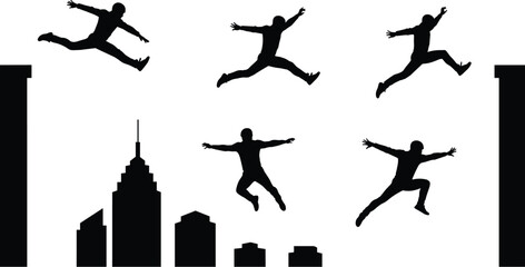 Dynamic Black Silhouette Set of a Man Jumping and Leaping Across Rooftops or Buildings, Showing Freedom, Parkour, Adventure, and Overcoming Obstacles

.