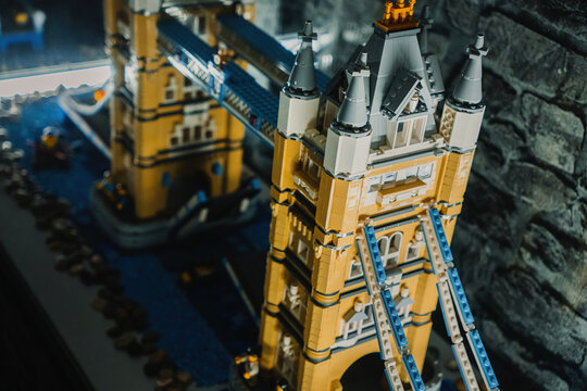 Prague, Czechia - September 20, 2025: Detailed LEGO Tower Bridge London model with opening bascules