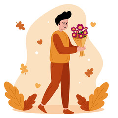 Gratitude and Thank You Concept Flat Illustration, Man holding flowers