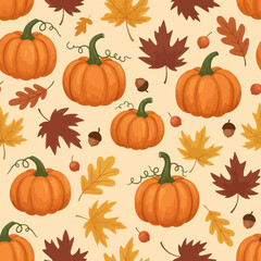 Pumpkin and autumn leaves seamless pattern for Thanksgiving design