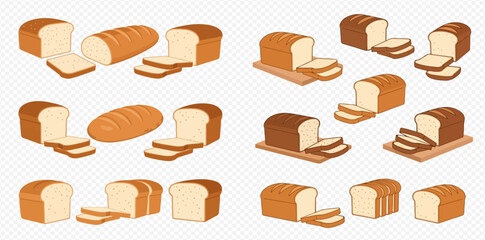 Various loaves of bread, some sliced, some whole, in different shades of brown.