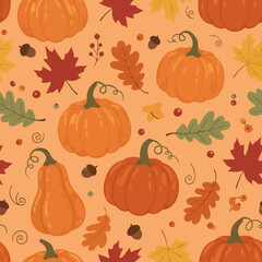 Pumpkin and autumn leaves seamless pattern for Thanksgiving design