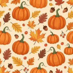 Pumpkin and autumn leaves seamless pattern for Thanksgiving design