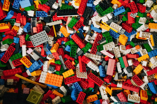 Prague, Czechia - September 20, 2025: Colorful pile of assorted lego plastic construction bricks