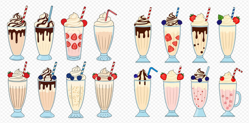A collection of various milkshake illustrations, each uniquely decorated with toppings and straws.