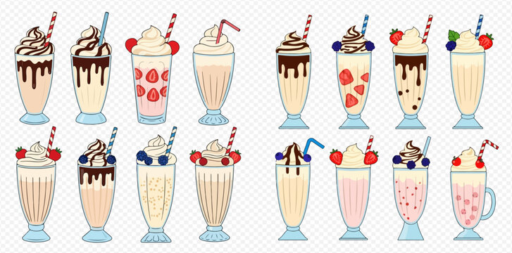 A collection of various milkshake illustrations, each uniquely decorated with toppings and straws.