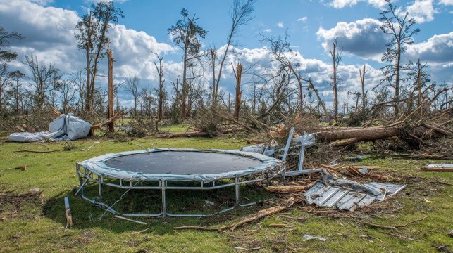 Broken Trampoline. Twisted and Mangled Trampoline After Storm and Tornado Damage